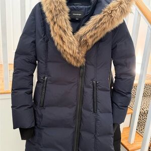 Mackage Navy Puffer Coat with Faux Fur Trim